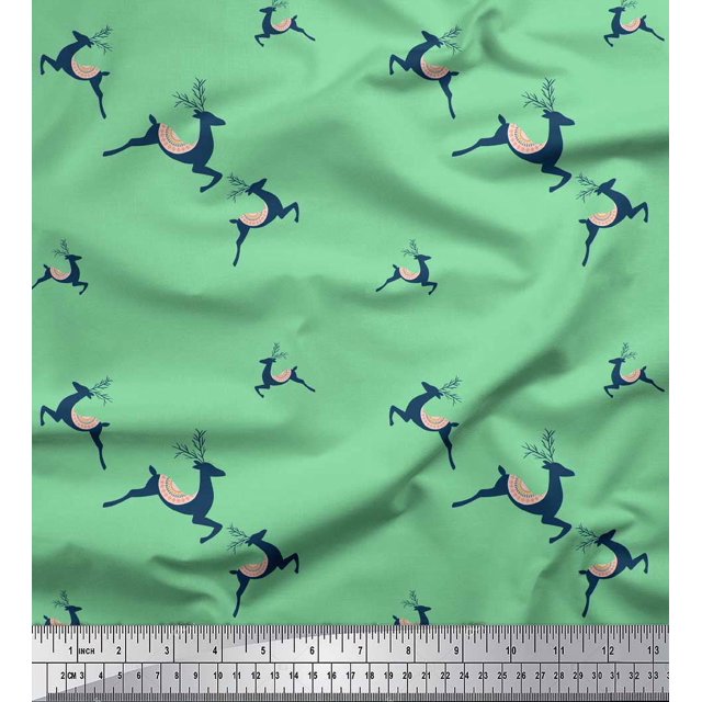 Soimoi Green Silk Fabric Reindeer Animal Decor Fabric Printed Yard 42 Inch Wide
