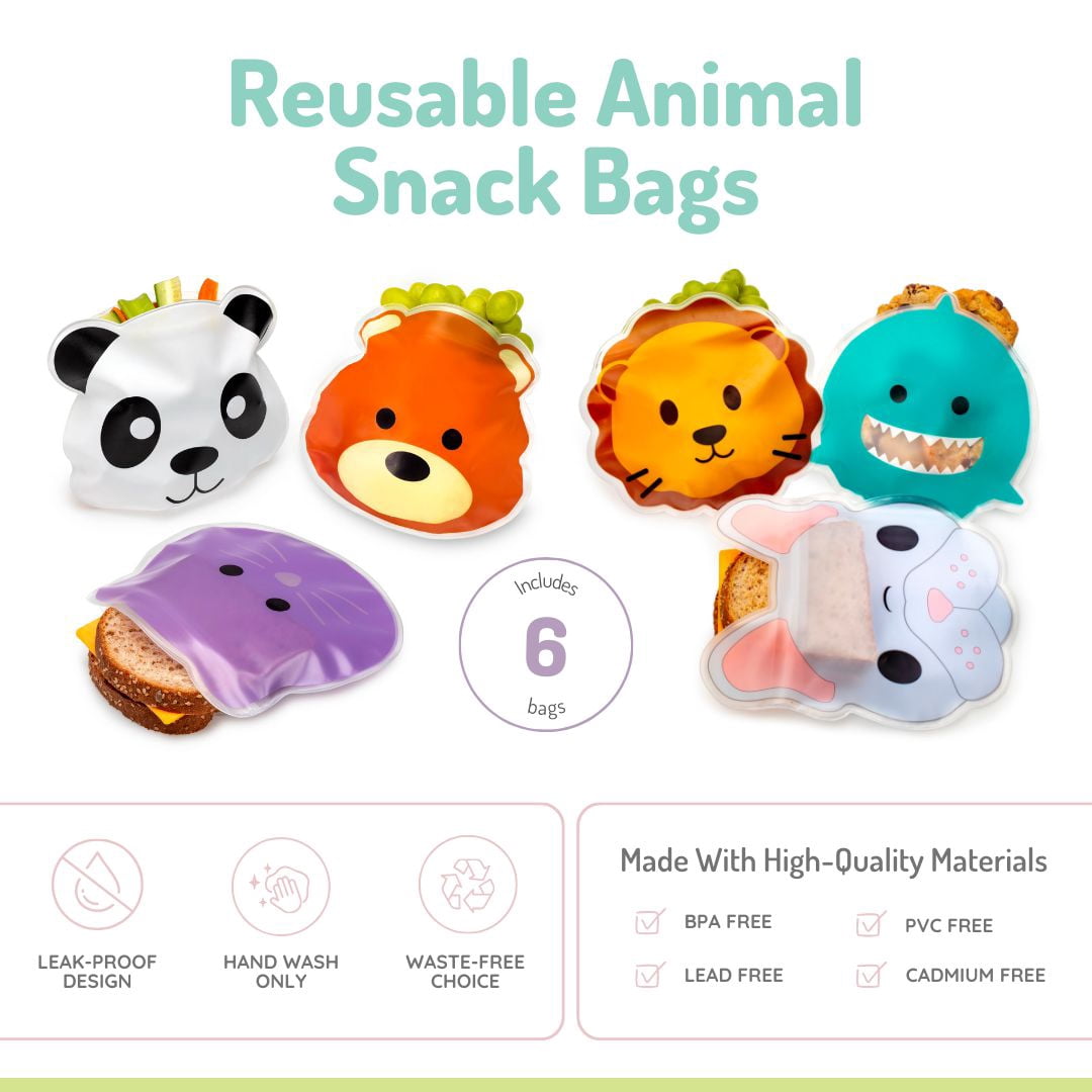 Melii Reusable Snack Bags - for Kids - 6 pack :bulldog, cat, lion, panda, bear & shark - Leak-proof, BPA-free