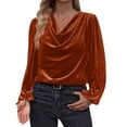 thumbnail image 3 of QATAINLAV T-Shirts en Velours Orange pour Femmes, Unis, Décontractés, à Manches Longues, Col Bénitier, Drapé, devant Froncé, Chemisiers, Hauts L, 3 of 7