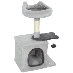 Tour de l'arbre de chat gris clair avec condo, poste de scratching & Lit en peluche - 28" Meubles de chat d'intérieur compact pour le salon & Chambre à coucher