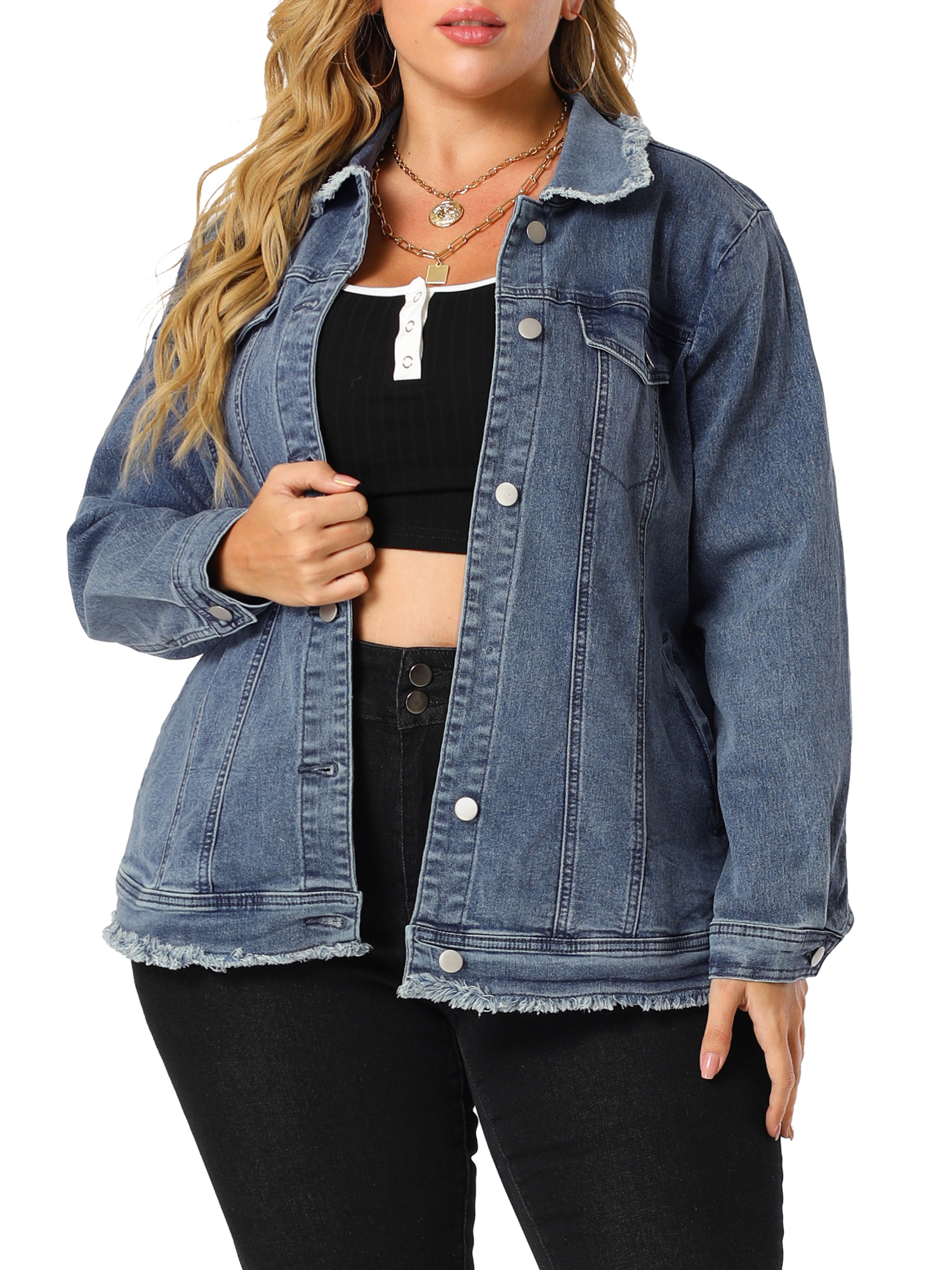 GRACE & GRANDEUR Women's Plus Size Button Down Chest Pocket Short Denim Jacket