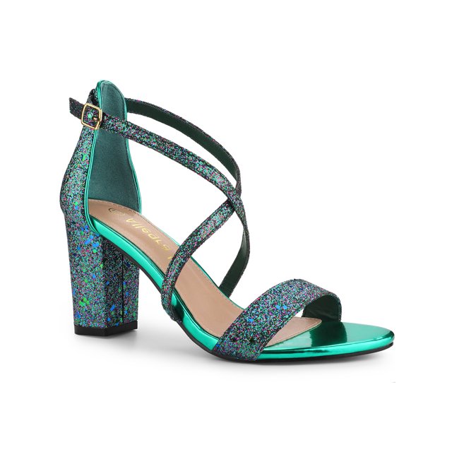 BLISSFUL STEP Sandales à Talon Bloc pour Femmes à Paillettes à Brides Croisées Vert 6