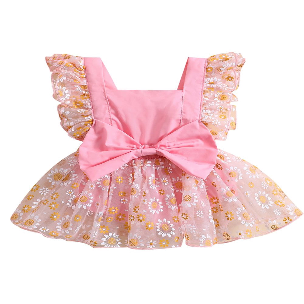 Infant Baby Girls Romper Bodysuit Ruffle Sleeve Flower Print Bowknot Tulle Dress Jumpsuit