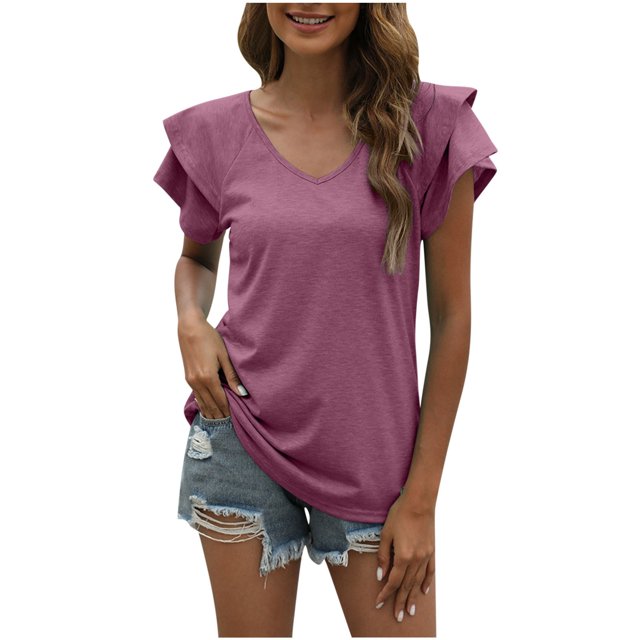 Birdeem T-Shirts à Col en V Uni à Manches Courtes avec Revers pour Femmes