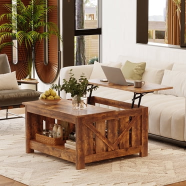 GUNAITO Table Basse à Plateau Relevable avec Armoire de Rangement et 2 Compartiments pour Salon, Brun, 31,5 Pieds'H X 31,5 Pieds'L Po
