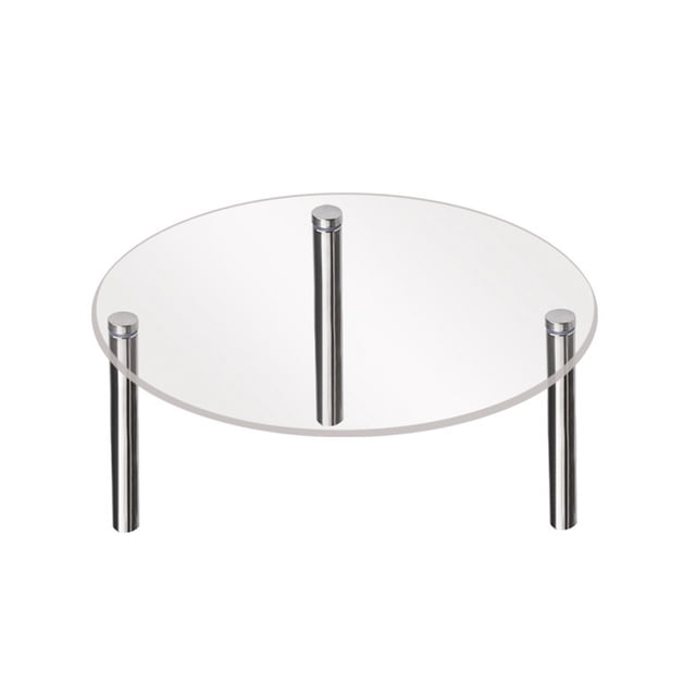 YHDSYY Transparent Acrylic Cake Hand Display Rack with a circular design, featuring a clear acrylic top supported by three sturdy metal columns. Ideal for table placement, this versatile rack is suitable for displaying desserts at events like weddings, birthdays, and parties. Easy to disassemble for convenient storage.