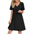 thumbnail image 1 of LOVZFMLL Robe d'Été pour Femme Décontractée Évasée à Manches Courtes, Col en V, à Étages, Ligne A, Fluide, Robe de Plage à Volants Longueur Genou, Robe Soleil Noire G, 1 of 9