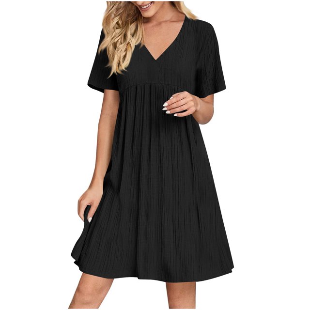 LOVZFMLL Robe d'Été pour Femme Décontractée Évasée à Manches Courtes, Col en V, à Étages, Ligne A, Fluide, Robe de Plage à Volants Longueur Genou, Robe Soleil Noire G