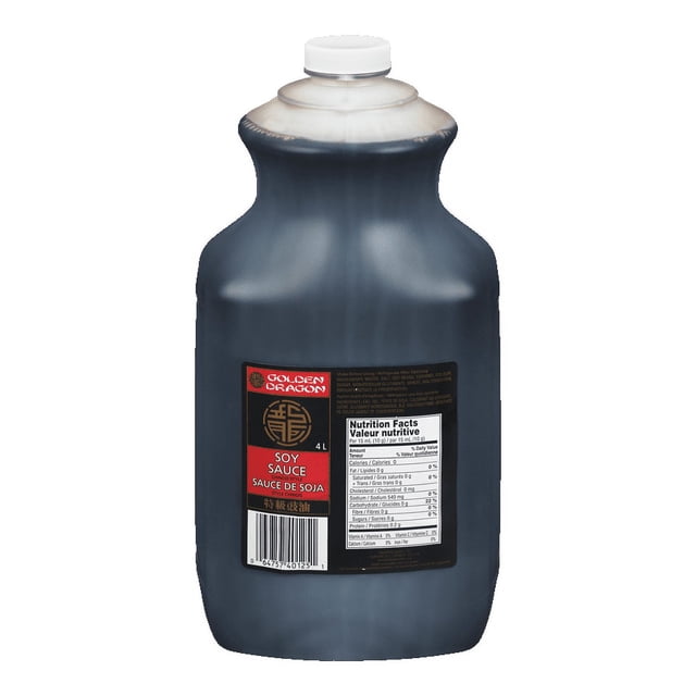 Golden Dragon Soy Sauce Bulk Food Service 4L / 1 Gallon container. The bottle features a black body with a white cap and a red and black label displaying the brand logo, product name, and nutritional information. Ideal for cooking and as a dipping sauce, this soy sauce offers a classic, salty, and savory taste, perfect for enhancing the flavor of sushi, chicken, pork, and seafood.