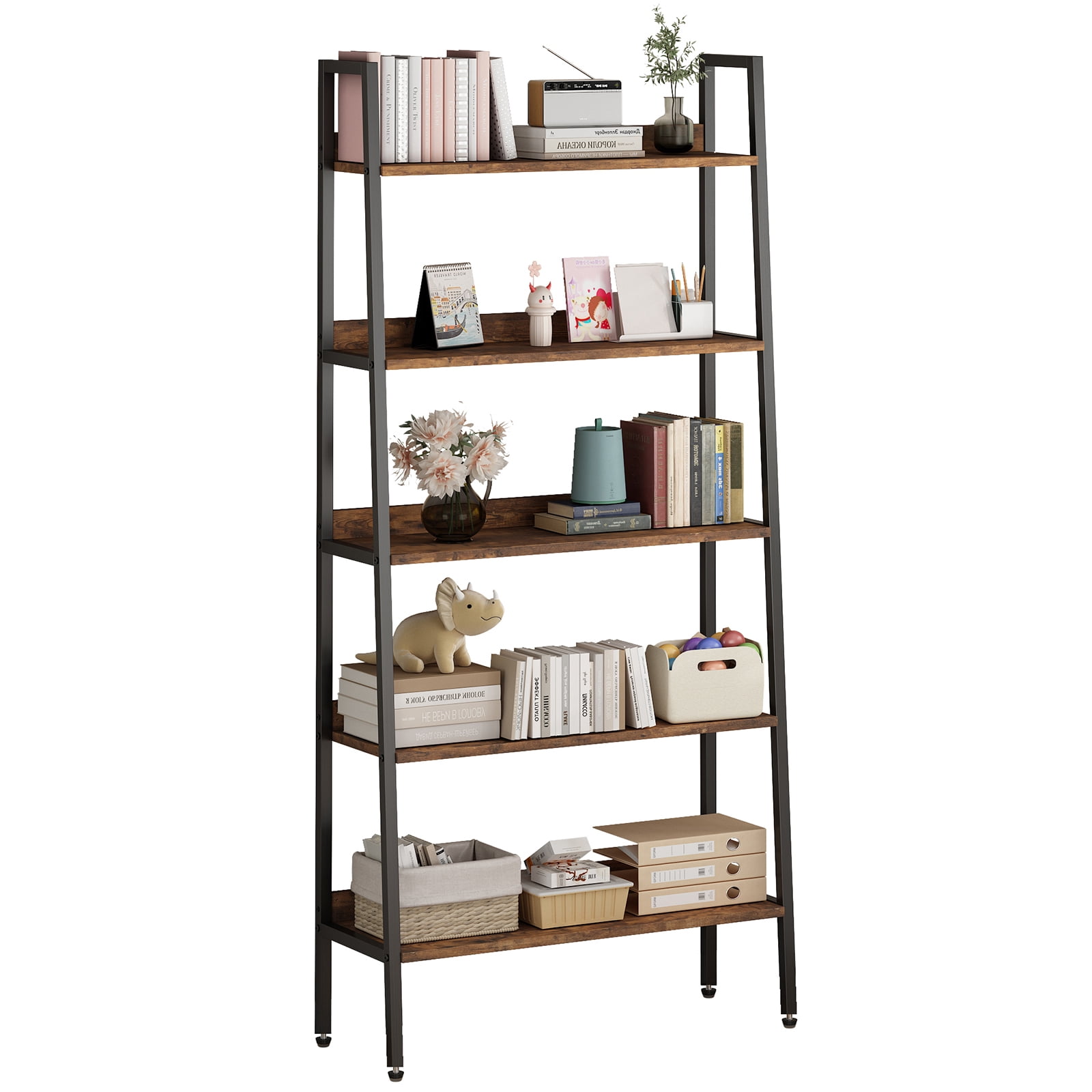 5-Tier Bookshelf, 67 Inch Open Shelf Bookcase, Rustic Brown Wood Storage Rack with Metal Frame & Adjustable Feet, Storage Organizer for CDs/Books/Movies, Book Shelf for Office Living Room Bedroom