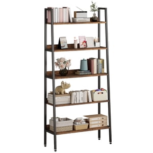 5-Tier Bibliothèque, 67 Bibliothèque en plateau ouvert de pouce, sac de rangement en bois brun rustique avec cadre en métal & Pieds réglables, Organisateur de rangement pour CD/Livres/Movies, Plateau de réservation pour Chambre à coucher