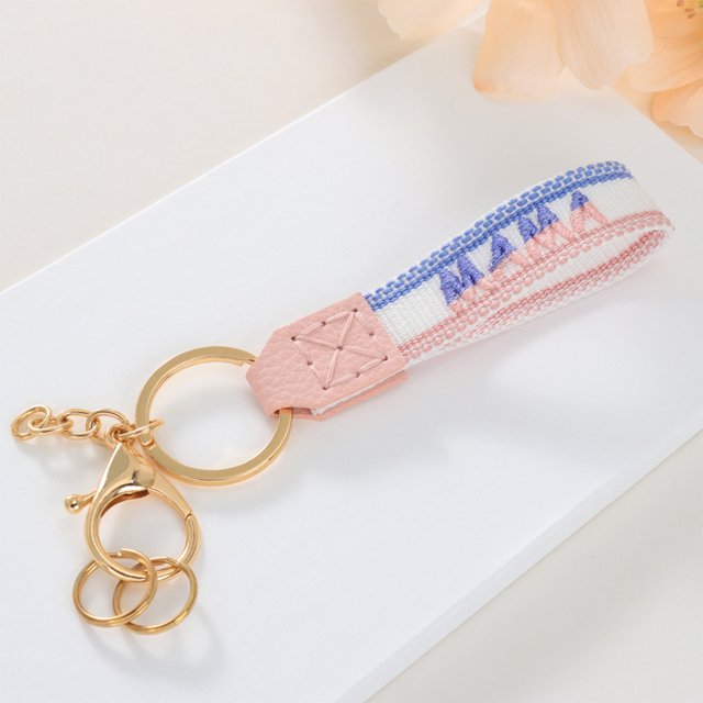 Short Fabric Embroidered Keychain for Mother's Day, Handmade Crochet Design with Leather Details, Measuring 15.5x3x1cm, Ideal as Key Accessory or Gift