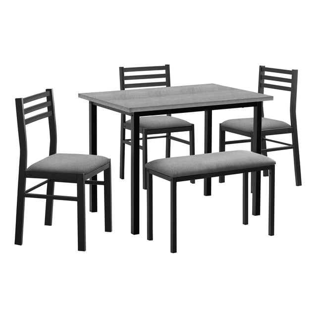 Monarch Specialties Dining Set, 5-piece set with a 40-inch rectangular grey laminate tabletop and black metal frame, including three black metal chairs and a grey fabric upholstered bench, designed for small kitchens and casual dining.