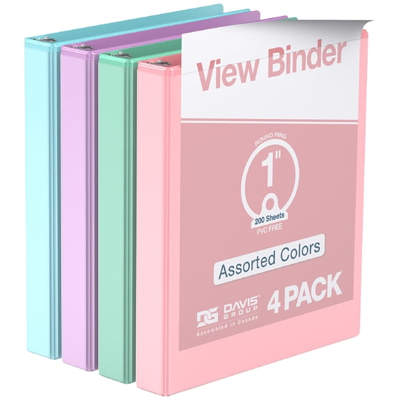 Classeurs à anneaux économiques Davis Group, anneaux ronds de 2,5 cm, capacité de 225 pages, assortis, paquet de 4