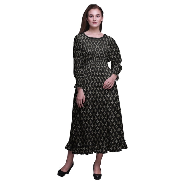 Bimba Robe Bloc Femme à Manches Longues Smockée Col Rond à Volants Été Maxi-TP