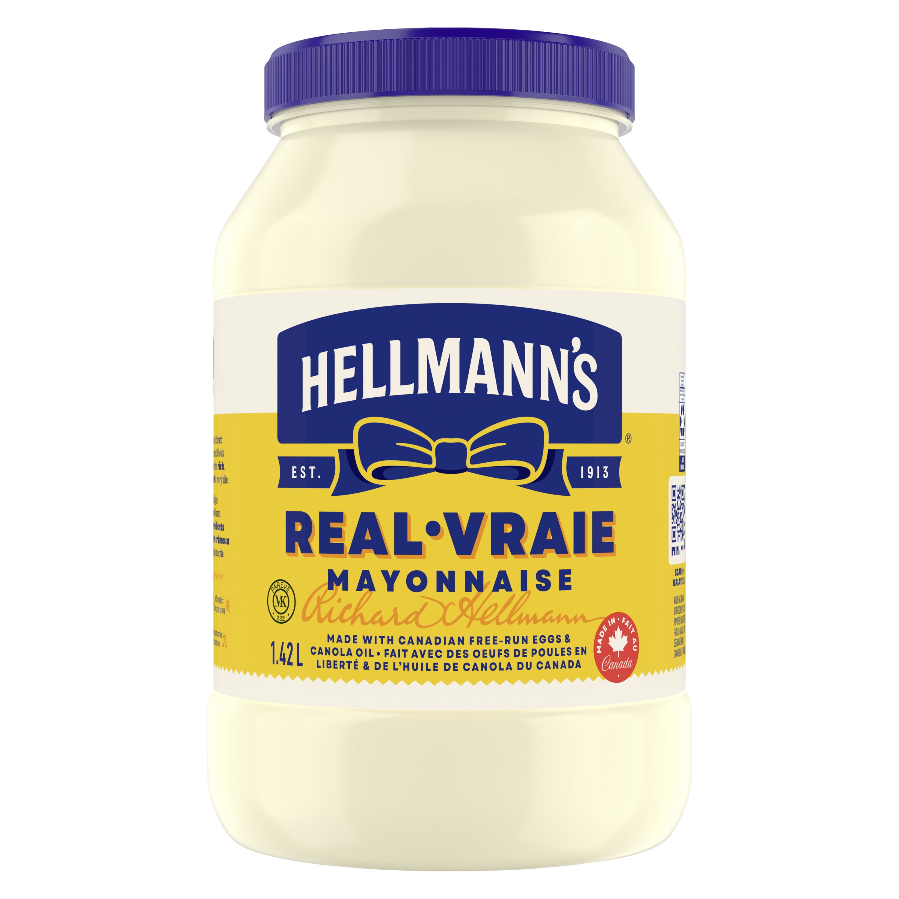 Hellmann’s Real Mayonnaise, Gluten‑Free and Kosher, Made with Canadian Free‑Run Eggs and Canola Oil, 1.42L Jar