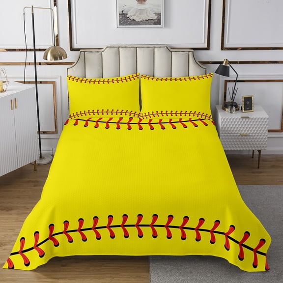 Erosebridal Sports Lover Quilt Sets for Queen Size Bed, Yellow Bed Set, Baseball Print Coverlet Set Queen, Lightweight Room Decorative, 3-Piece