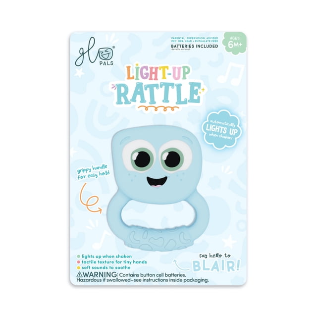 Glo Pals Light Up Rattle - Blair in blue, a baby rattle with a friendly character design featuring large eyes and a smile. The rattle includes a grippy handle for easy hold and lights up when shaken, fostering sensory development and motor skills for babies aged 6 months and up. Batteries are included for immediate play.