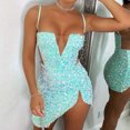 thumbnail image 2 of EQWLJWE Robe Longue pour Femmes Mode Féminine Bretelles Col en V Paillettes Sans Manches Fermeture Éclair Robe Mini Solide Robe de Soirée Robe Formelle, 2 of 9