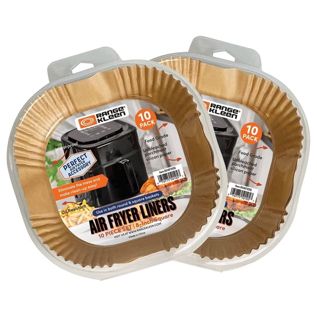 Range Kleen 8 inch Square Unbleached Disposable Parchment Air Fryer Liners 20 Pack featuring two clear plastic packages each with 10 brown unbleached square parchment liners made from food-grade, waterproof, and oil-resistant silicon paper, designed to fit most 5 to 8 quart air fryer baskets for easy, mess-free cooking and cleanup.