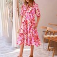 thumbnail image 3 of Pisexur Robes d'Été pour Femmes Mode Bohème à Imprimé Floral Robe Maxi Décontractée Fluide Taille Élastique Robe Soleil Manches Courtes Col en V Boutonnée Robe Soleil à Volants Évasée Plage Longue avec Poches, 3 of 8