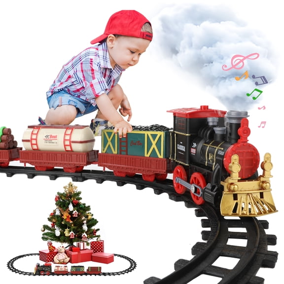 Lictin Ensemble de Jouets de Train, Ensemble de Jeu de Voie Ferrée Électrique avec Lumières, Sons, 3 Voitures de Cargaison et 16 Voies, Jouet de Train Locomotive à Vapeur Classique, Cadeaux pour Enfants de 3 4 5 6+