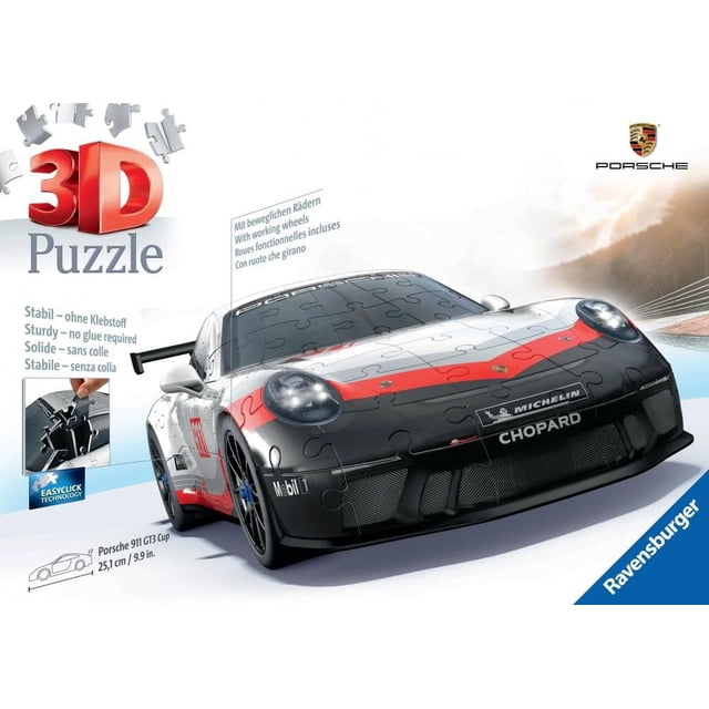 Ravensburger Porsche 911 GT3 Cup 3D Puzzle with 108 numbered plastic pieces forming a detailed black, white, and red Porsche 911 GT3 Cup model featuring working wheels and Easyclick technology for sturdy assembly without glue, measuring 25.1 cm (9.9 in) long, suitable for puzzle and car enthusiasts.