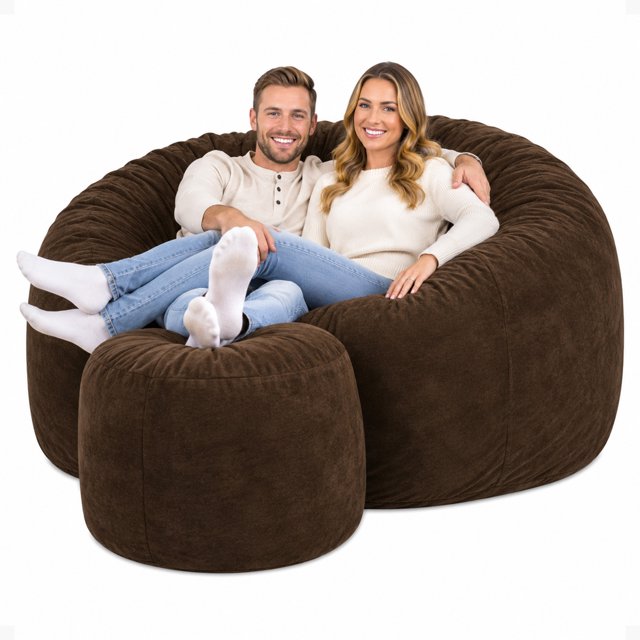 Ultimate Sack 6000 6-Foot Bean Bag Chair with Footstool Set, Brown Suede Cover