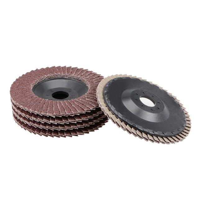 Unique Bargains Flap Disc 240 Grit 4' x 5/8' Abrasive Grinding Wheel Flap Sanding Disc Aluminum Oxide 5pcs. A set of five fine 240-grit flap discs with a 4-inch outer diameter and 5/8-inch inner diameter, made of durable zirconia alumina material. Designed for grinding, blending, beveling, deburring, rust and paint removal, and finishing on metals, non-ferrous materials, fiberglass, plastics, and wood. The discs are shown stacked, with one displayed to highlight the abrasive surface and central mounting hole.