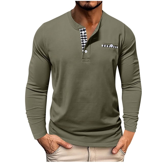 Ohufall Cotton T-Shirts for Mens Solid Color Plaid Front Pockets Henley Tops Breathable Plus Size Long Sleeve Tees, Size S-3XL