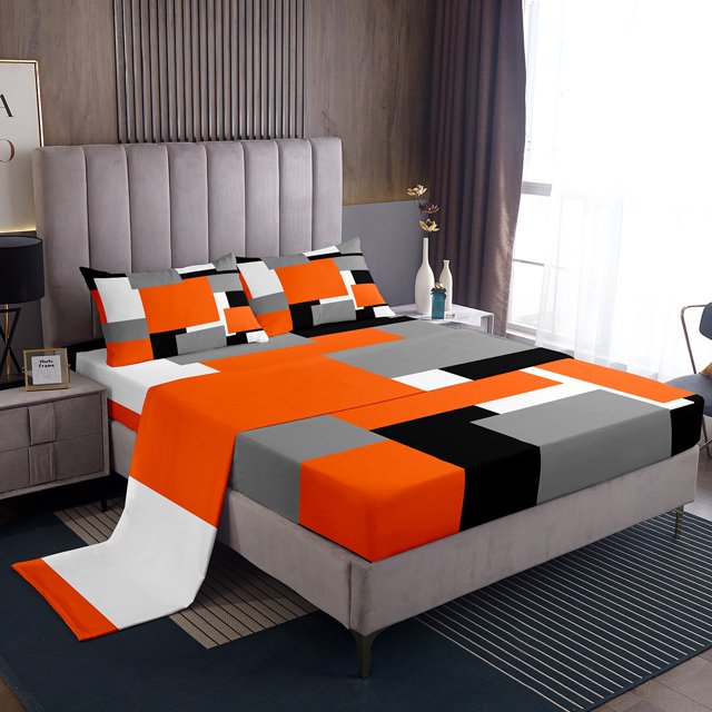 Erosebridal Futuristic Square Sheet Set Full, Modern Fashion Bedding Sets Full Size, Geometry Stripes Decor
