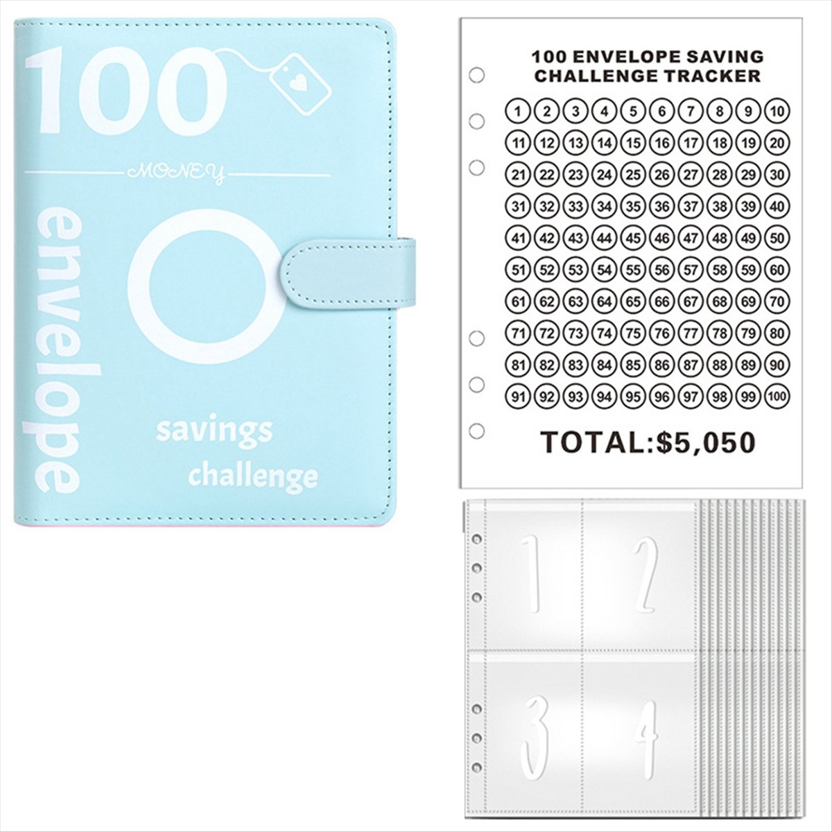 100 Envelopes Money Saving Challenge, 100 Envelope Challenge Binder, Money Saving Binder, Budget Book (Blue),1 * Challenge Money Saving Binder Kit,Blue