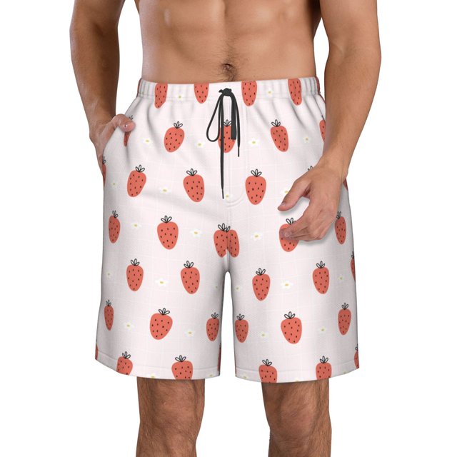 Wukai Strawberry Print Beach Trunks with Compression Liner Swimsuit Quick Dry Beach Sports Shorts with Pocket-Large