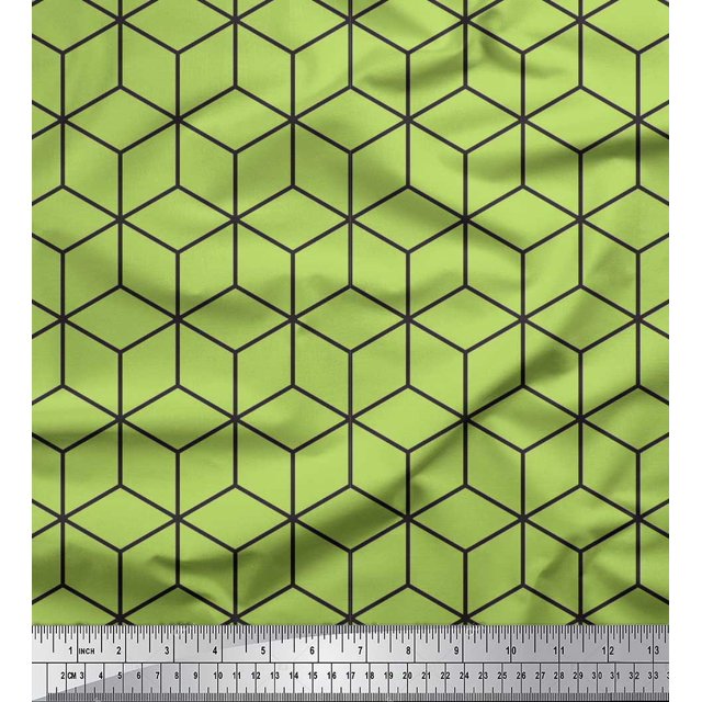 Soimoi Green polyester Crepe Fabric Maze Cube Geometric Print Sewing Fabric Yard 42 Inch Wide