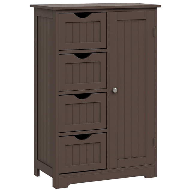 kleankin Armoire de Rangement pour Salle de Bain avec 4 Tiroirs et Tablette Ajustable, Brun. Cette Armoire en MDF Présente une Finition Peinte, Quatre Tiroirs et une Armoire avec Tablette Réglable à 3 Niveaux pour un Rangement Polyvalent. Comprend une Sangle Anti-Basculement et des Patins Antidérapants pour la Sécurité et la protection du Plancher. Dimensions : 22 Pouces de Large, 11,8 Pouces de Profondeur et 32,7 Pouces de Hauteur.