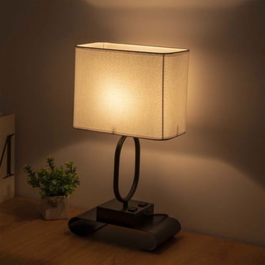 EGNMCR Lampe de Chevet avec 2 Ports de Chargement USB et 2 Prises CA, Lampe à Pression avec Abat-Jour en Tissu Lin pour Salon, Chambre, Bureau, Lecture, Travail, Cadeau