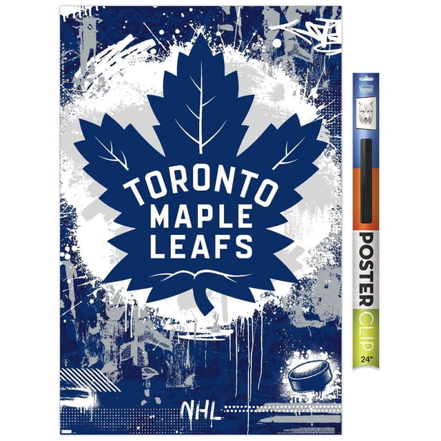 NHL Toronto Maple Leafs - Maximalist Logo 23 Wall Poster featuring a centered blue maple leaf with white vein details and bold white text 'TORONTO MAPLE LEAFS' on a textured blue and gray graffiti-style background with paint splatters and a small hockey puck graphic near the bottom right, printed on glossy poster paper measuring 22.375 by 34 inches, suitable for decorating sports fan rooms or home walls.