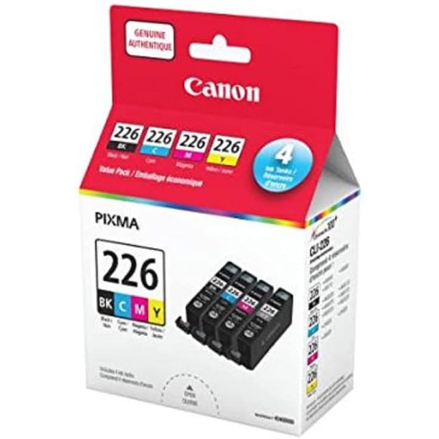 Canon CLI-226 BK CMY Colour Ink Value-Pack containing four individual black, cyan, magenta, and yellow ink cartridges for Canon PIXMA printers, packaged in a red and white box with branding and compatibility information, suitable for producing crisp, vibrant prints.