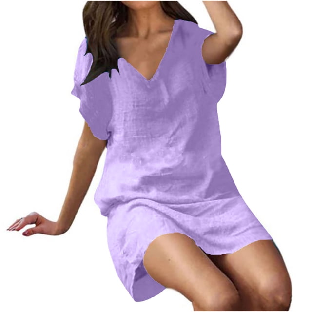Fshaion Robe d'Été pour Femmes 2024 Grande Taille Manches Courtes Couleur Unie Col en V Douce Confortable Longue Robe Liquidation à Moins de 10!