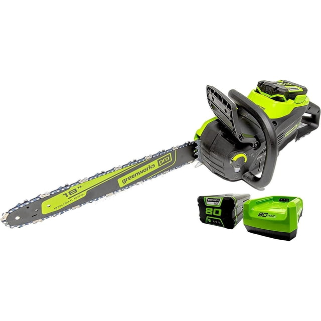 Greenworks 80V 18-Inch Brushless Chainsaw with 2.0Ah battery and charger included, featuring a black and green ergonomic body, 18-inch brushless cutting bar with Greenworks Pro branding, and a rechargeable 80V battery pack with quick charger for efficient outdoor power use.