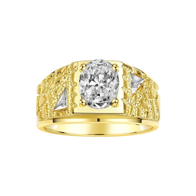 RYLOS Men's Rings 14K Yellow Gold Designer Nugget Ring Oval 9X7MM Gemstone & Diamonds White Topaz April Birthstone Rings For Man Size 9