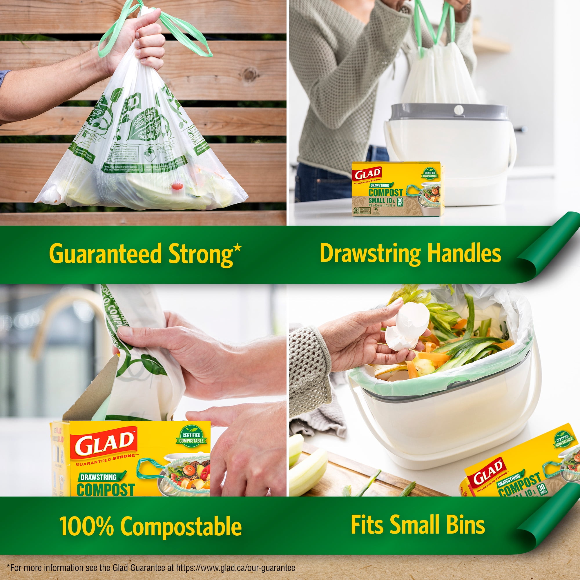 Glad Certified Compostable Drawstring Bags - Small 10 Litres - Drawstring, 30 Compost Trash Bags -