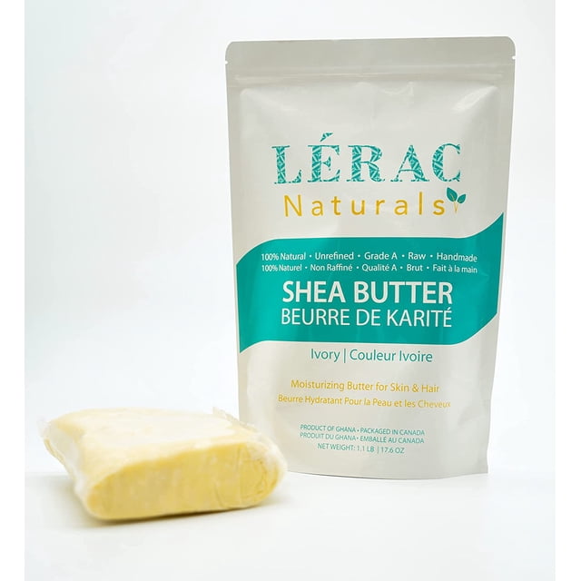 LERAC Naturals Beurre de Karité 100 % Cru Non Raffiné, 500 g (17,6 oz), Présenté dans une Pochette Refermable avec des Détails de Marque et un Bloc de Beurre de Karité de Couleur Ivoire Emballé dans un Emballage Transparent. Parfait pour le Beurre Corporel, l'Hydratation de la Peau, les Soins Capillaires et les Recettes d'Hydratation DIY.