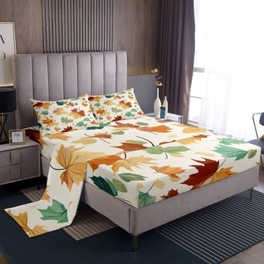 Erosebridal Maple Leaf Sheet Set King, Autumn Plant King Sheet Sets, Harvest Theme Bedding Sets King Size, Microfiber Bedroom Decor, 4-Piece