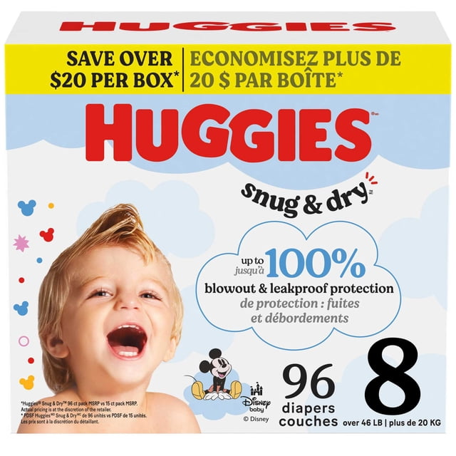 Huggies Snug & Dry Baby Diapers, Size 8 (+45 lbs), 96 Count