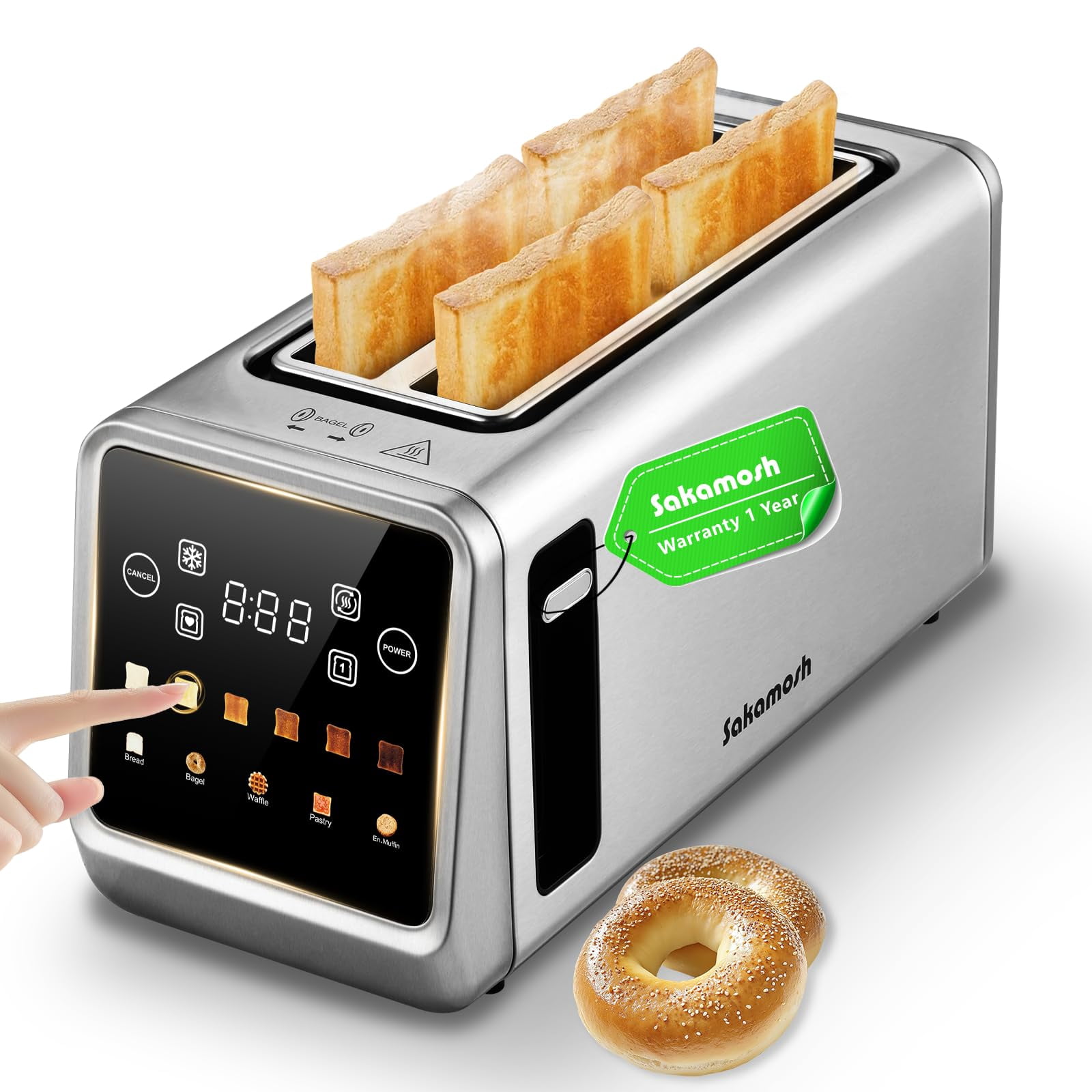 SAKAMOSH Touch Screen Toaster 4 Slice, Smart Digital Toasters with LED Display & Timer, Extra Long Wide Slots for Bagels, 6 Browning Levels & 5 Bread Types, Memory Funct