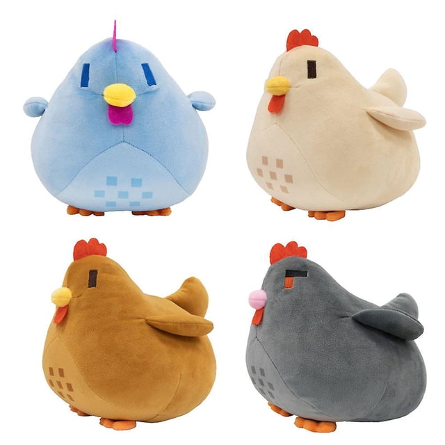 Peluche de Poulet Stardew Valley de 20 cm, Cadeau de Noël, animal en Peluche Doux avec un Motif de Poulet Bleu Ciel, accents Pixélisés, Bec Jaune et Peigne Rose. Exposé aux Côté de Variantes beige, Brune et Grise, Toutes avec des Caractéristiques Similaires. Parfait pour les fans de Stardew Valley et les Passionnés de Jouets en Peluche.