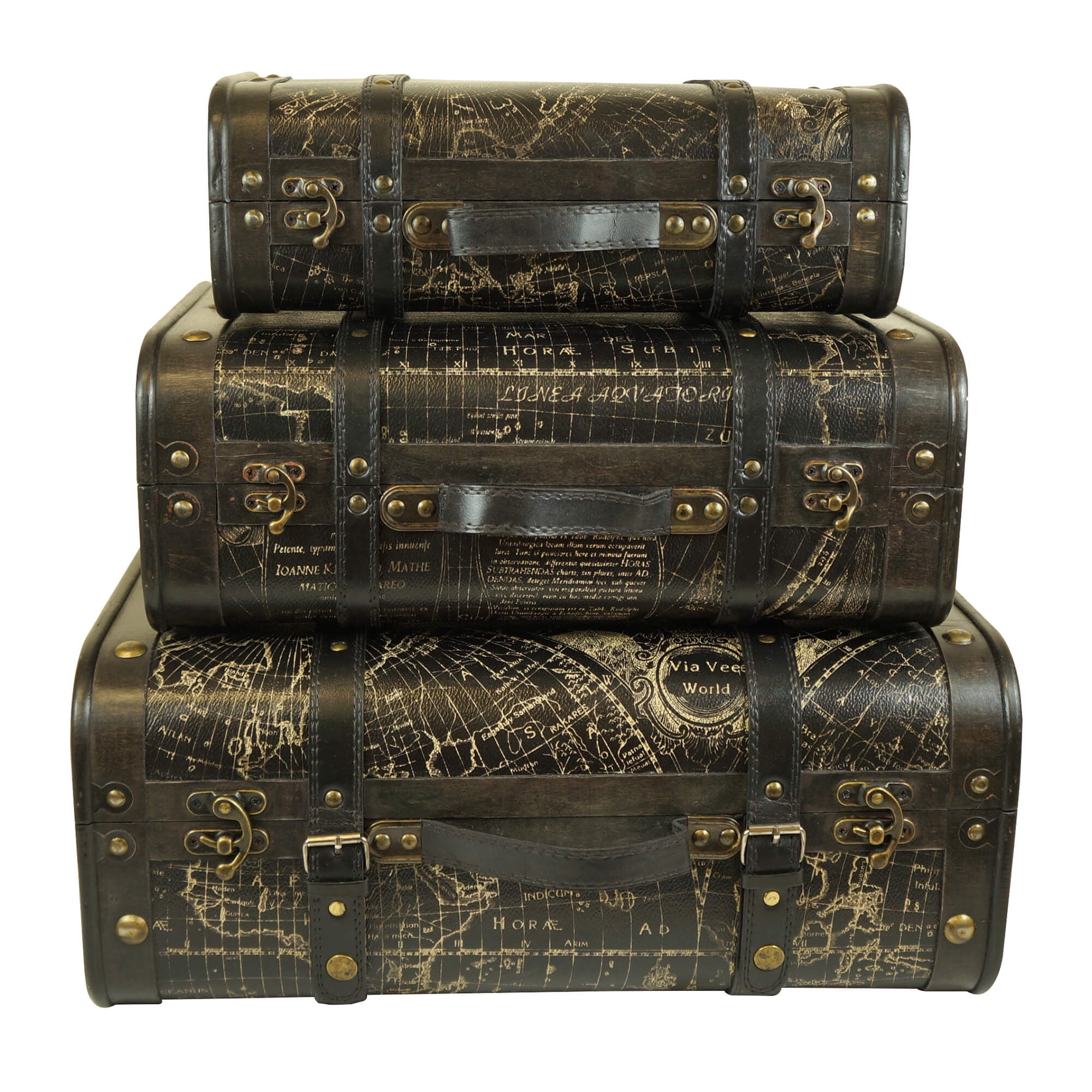 Set Of 3 Brown Dark Brown Suitcase Set With Black And Gold Map