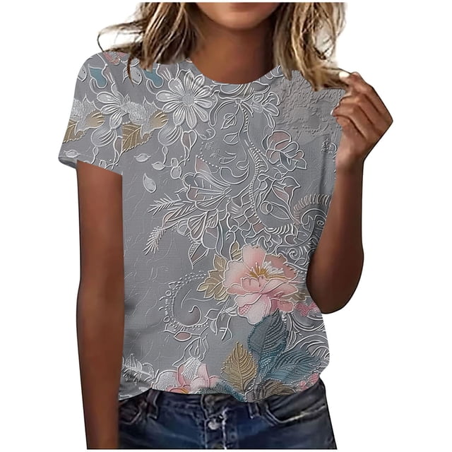 Hauts d'Été pour Femmes DYTTDG T-shirt à Fleurs Mode pour Femmes Grande Taille Col Rond Manches Courtes Décontracté Ample Tee Haut Hauts pour Femmes Liquidation Moins de 10 Multicolore,XXXXXL