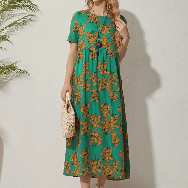 Mefallenssiah Woman Flowers Printing Elastic Waist Round Neck Short Sleeve Dresses
